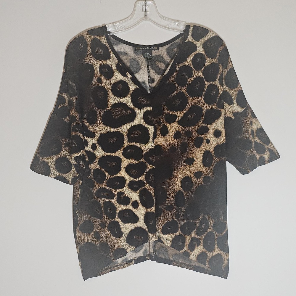 Suzie In The City Top Womens Small Brown Black Leopard V Neck Shirt Casual Fun S